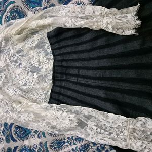 White Net Top With Black And Grey Skirt