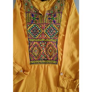 Beautiful Rayon Yellow Kurti Having Embroidery. Ha