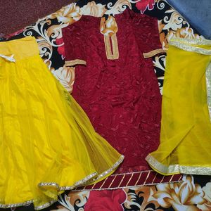 Yellow,Mehroon Sharara Haldi Suit