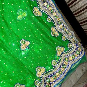 Green Color Net Embroidery Saree Without Blouse