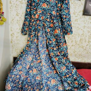 Women's Floral and Solid Front Slit A-Line Dress