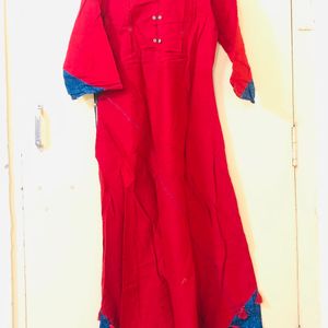 Red Cotton Silk Gown With Suta Work