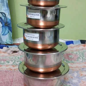 New/Unused 5 Copper Bottom Pateeli Set Wid Lid