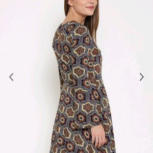 Navy & Beige Printed Fit & Flared Dress.