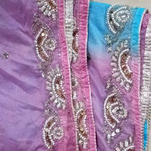 Rich Maggam Stone Work Chunni In Pink & Sky Blue