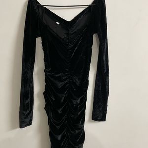 Black Ruched Velvet Bodycon Dress