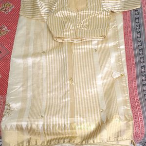 Cotton Silk Saree Cream and Gold