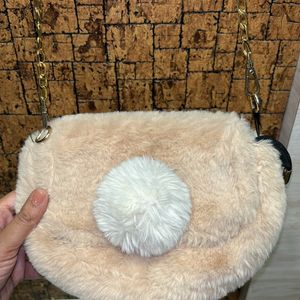 Beige Colour Furr Sling Bag For Women