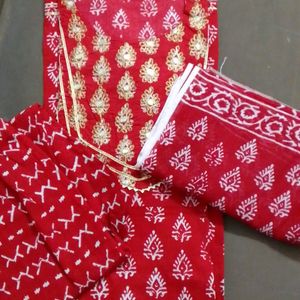 Red Cotton Anarkali Suit 3 Piece Set