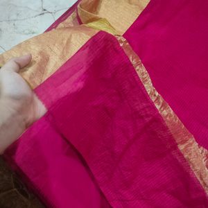 Hot Pink Artsilk With Golden Zari Border