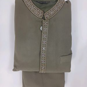 Sherwani Chudidar Set With Hand Embroidery (Olive)