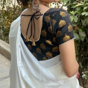 White Satin Saree With Stitched Blouse