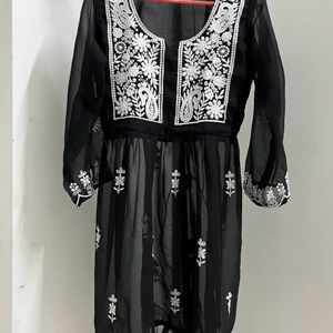 Woman embroidered georgettee A-line Kurta(black)