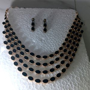 Black And Golden Multiple Layered Necklace Set.