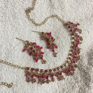 Gold Plated Party Wear Pink Necklace Set For Women