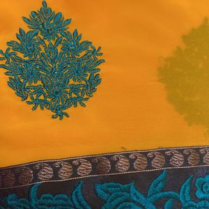 Yellow Green Embroidered Saree