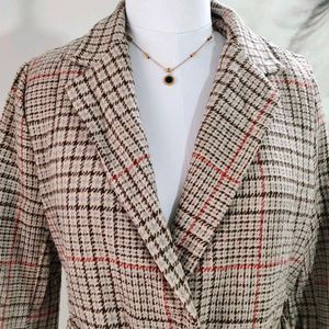 🆕 Checkered Woolen Blend Overcoat With Belt