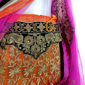 Rose Pink & Orange Lehenga Style Saree (Women)