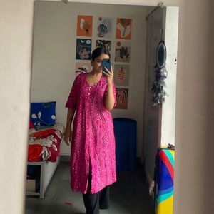 Pink Mirror Work Kurta