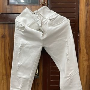 White Skinny Rugged High Waist Jeans