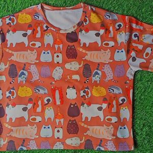 Kawaii Cat Print T-shirt (Rusty Orange)