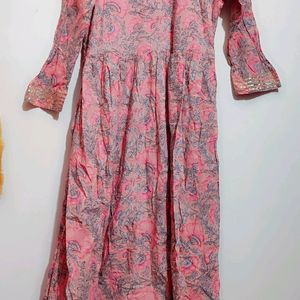 Pink Floral Print Anarkali Long Kurti