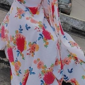 Flower Print Stitched White Gown