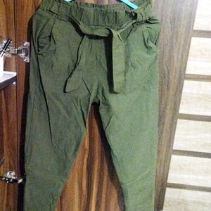 Olive Green Strech Pants With Knot