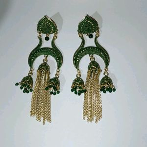 Earring/Jhumka Green Colour With Golden Strings