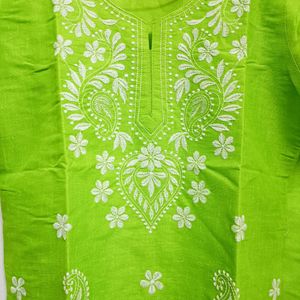 Chikanwork Pure Cotton Straight Kurta Green