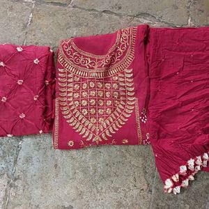 Red Bandhani Embroidery Dress Material