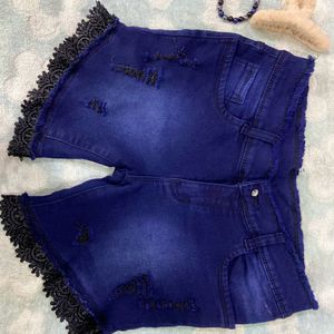 Laced-Torn Denim Shorts