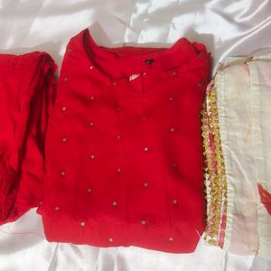 Red Kurta Set And Dupatta