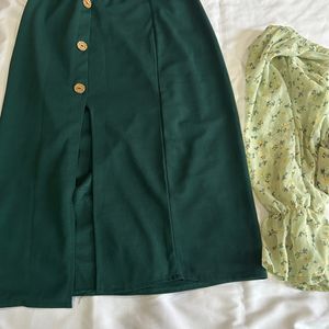 Full Sleeveless Light Green Top And Gree Skirt