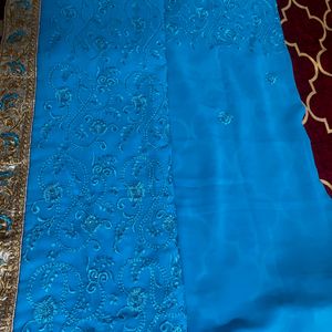 Blue Embroidery Saree With Blouse Size 36 Extra Ma