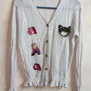 Trendy See-through Crop Top Sequin Cardigan Grey