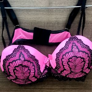 Neon Pink With Black Net Bra For Women.