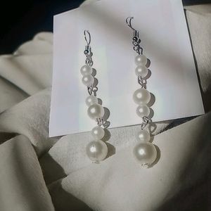 Handmade Long Faux Pearl Earrings (Silver)