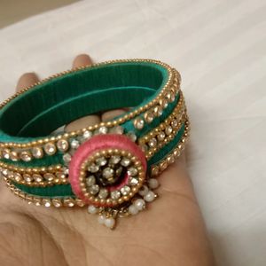 Silk Thread Designer Bangle With Stone Line Art