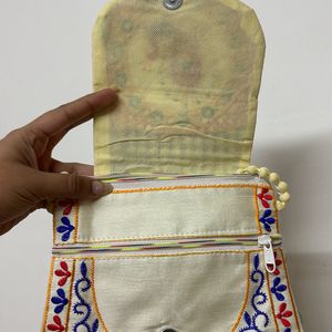 Off White Peacock Mirror Embroidered Sling Bag