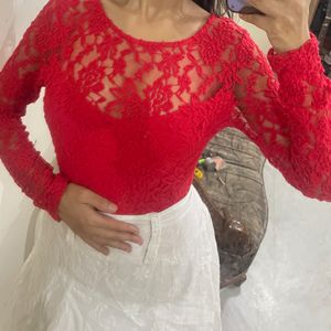 Red Lacey See Through Top