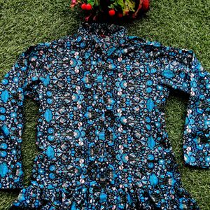 Blue Floral Printed Collared High-low Flared Tunic