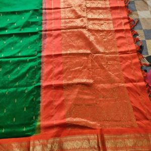 Green And Orange Silk Saree