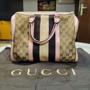 Auth Gucci Beige Canvas And Leather Web Boston Bag