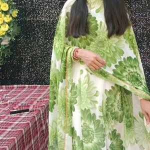 Green And White Anarkali