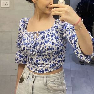 Blue And White Floral Printed Square Neck Top.