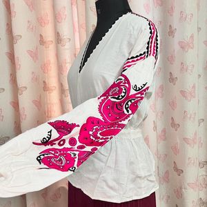 Embroidered White Top With Balloon Sleeves