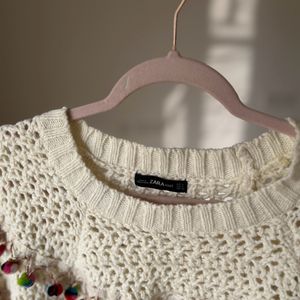 ZARA Wool Blend Open Knit Pom-Pom Cropped Sweater