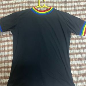 black t shirt multiple coloured colar sleeve