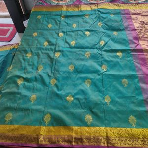 Teal With Purple Pure Silk Saree